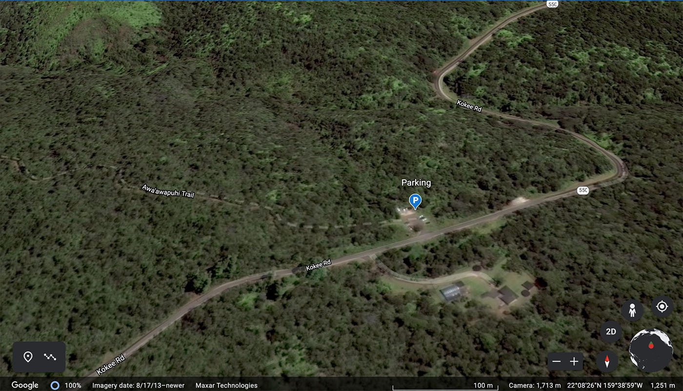 awaawapuhi-trailhead-parking.jpg Aerial map showing the Awaawapuhi Trail parking area along Kokee Road