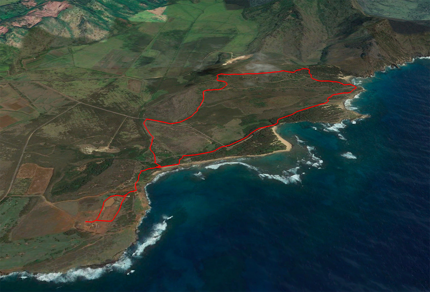 beach-horseback-riding-kauai-trail-map.jpg Google Earth view of the coastal horseback route on southern Kauai