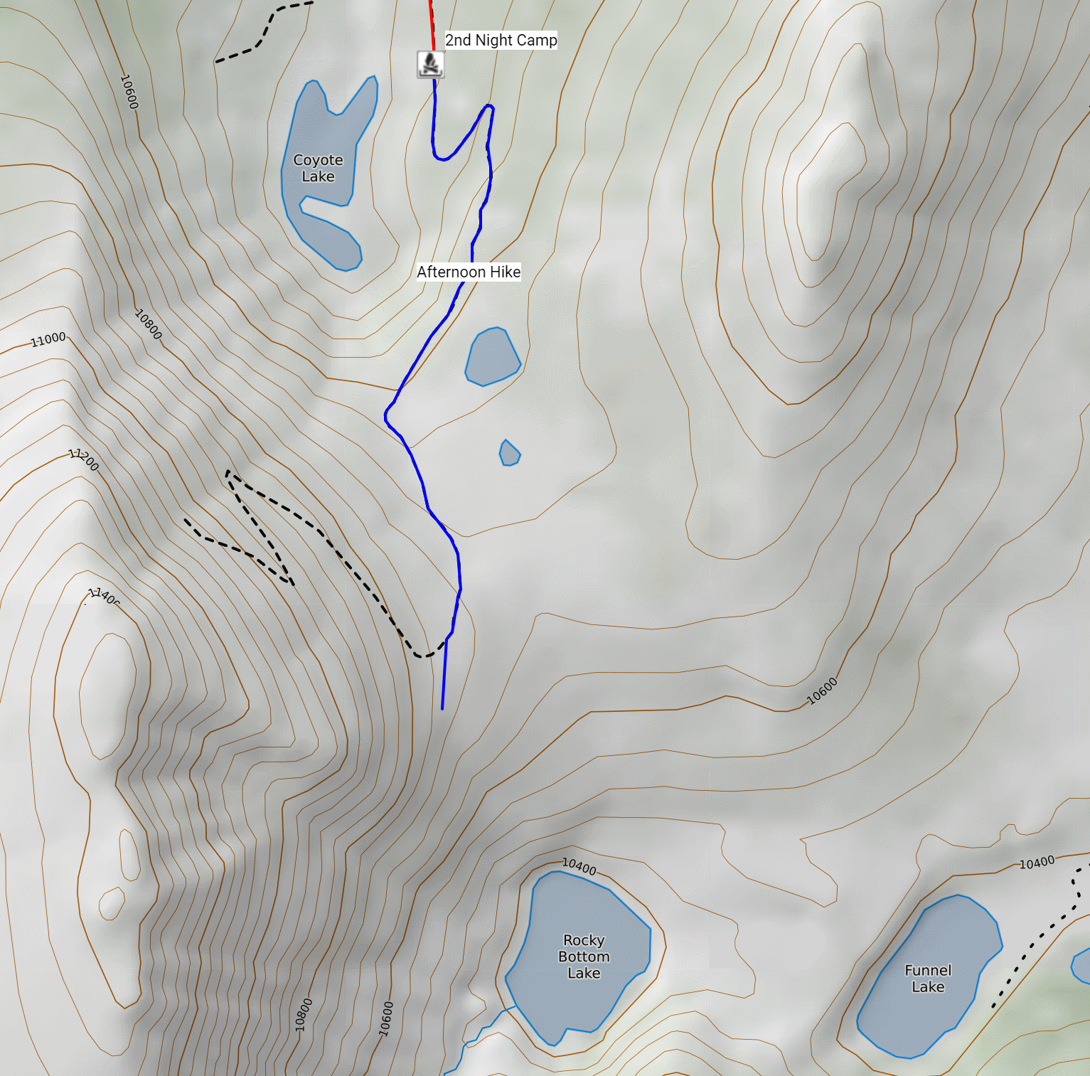 afternoon-hike.png Topographic map of the afternoon hike from the second camp above Coyote Lake