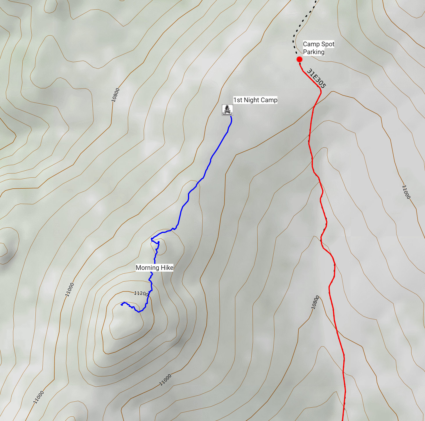 morning-hike.png Topographic map of the morning hike from camp to the nearby small peak