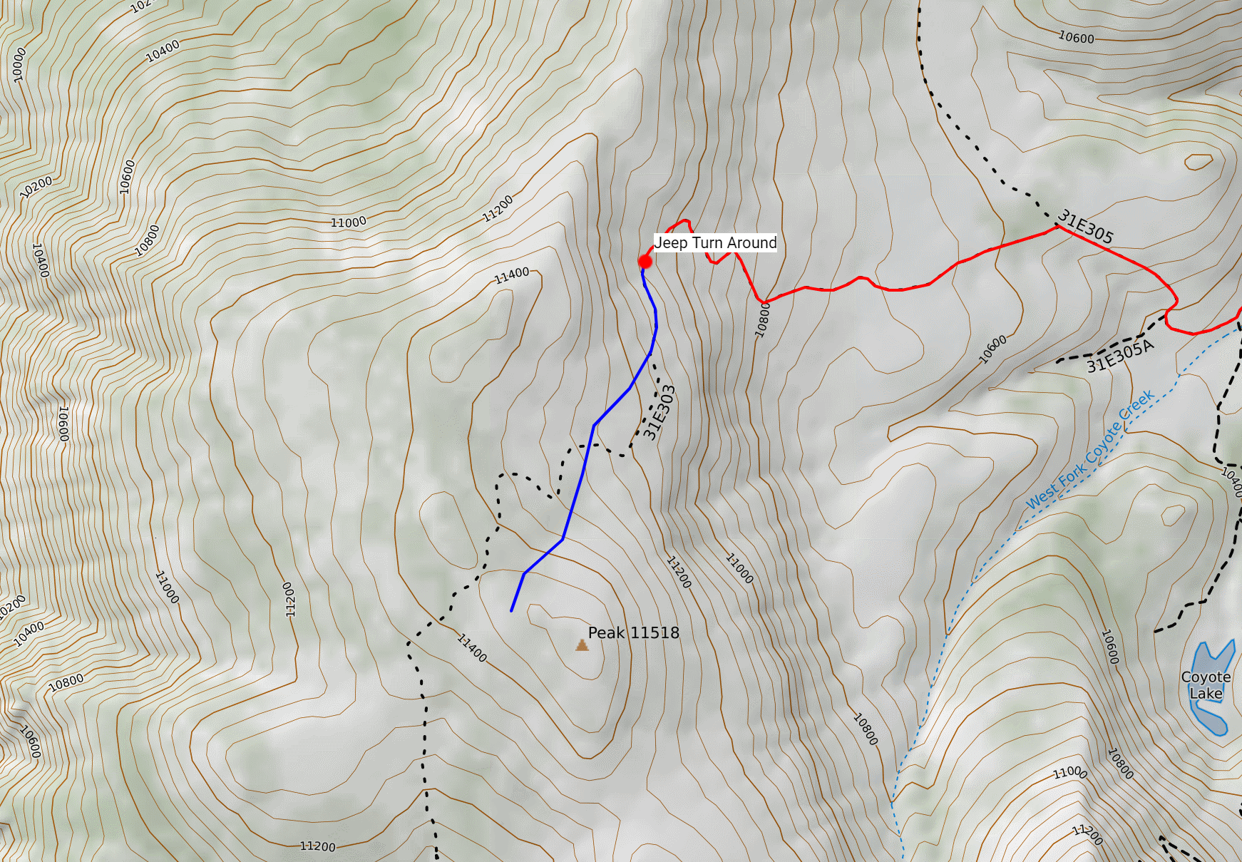 1st-hike.png Topographic map of the short hike from the Jeep turnaround to Peak 11518