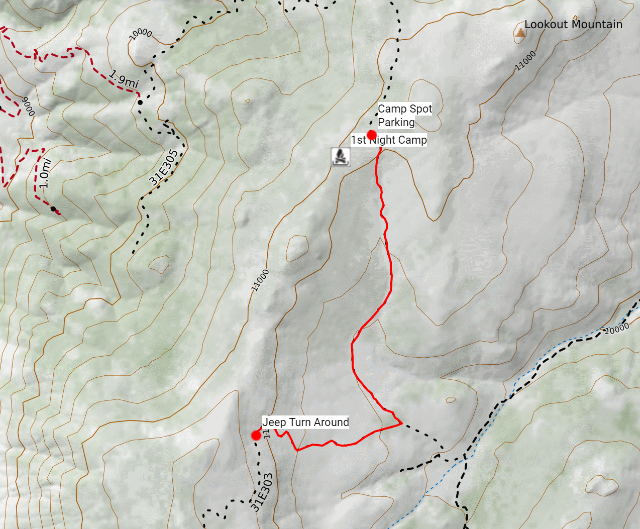 drive-two.png Topographic map from the Jeep turnaround to the first-night campsite