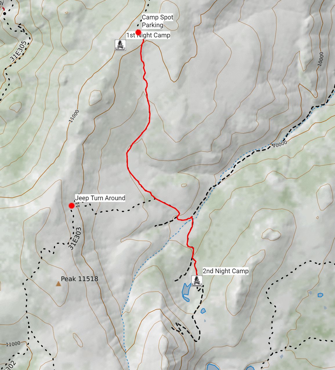 drive-to-camp-two.png Topographic map of the drive from the first campsite to the second camp near Coyote Lake
