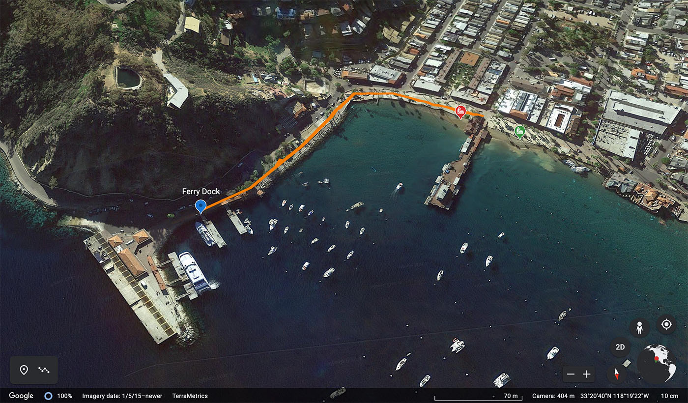 Aerial walking route from the Avalon ferry dock along the harbor