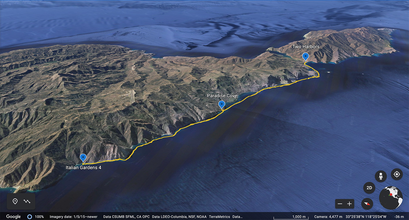 Map of the second-day kayak route from Italian Gardens through Paradise Cove to Two Harbors
