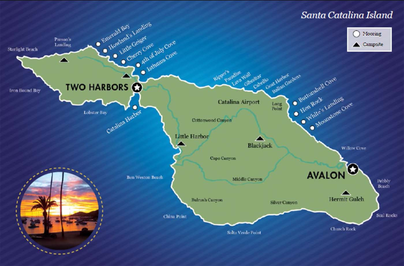 Catalina Island map showing moorings and campsites between Avalon and Two Harbors