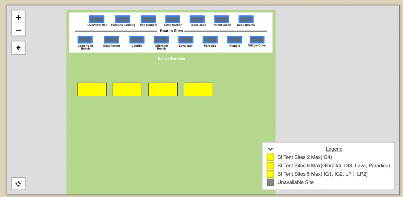 Italian Gardens campsite booking screen with four available tent-site blocks
