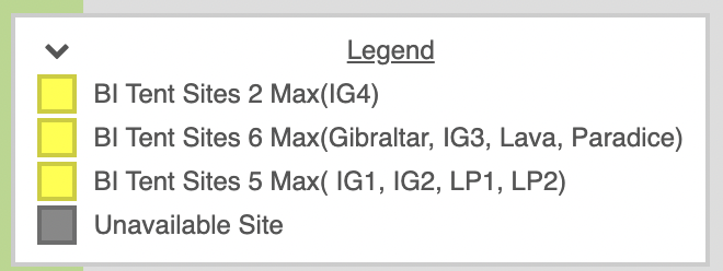Booking legend showing Catalina boat-in tent-site capacities and unavailable sites