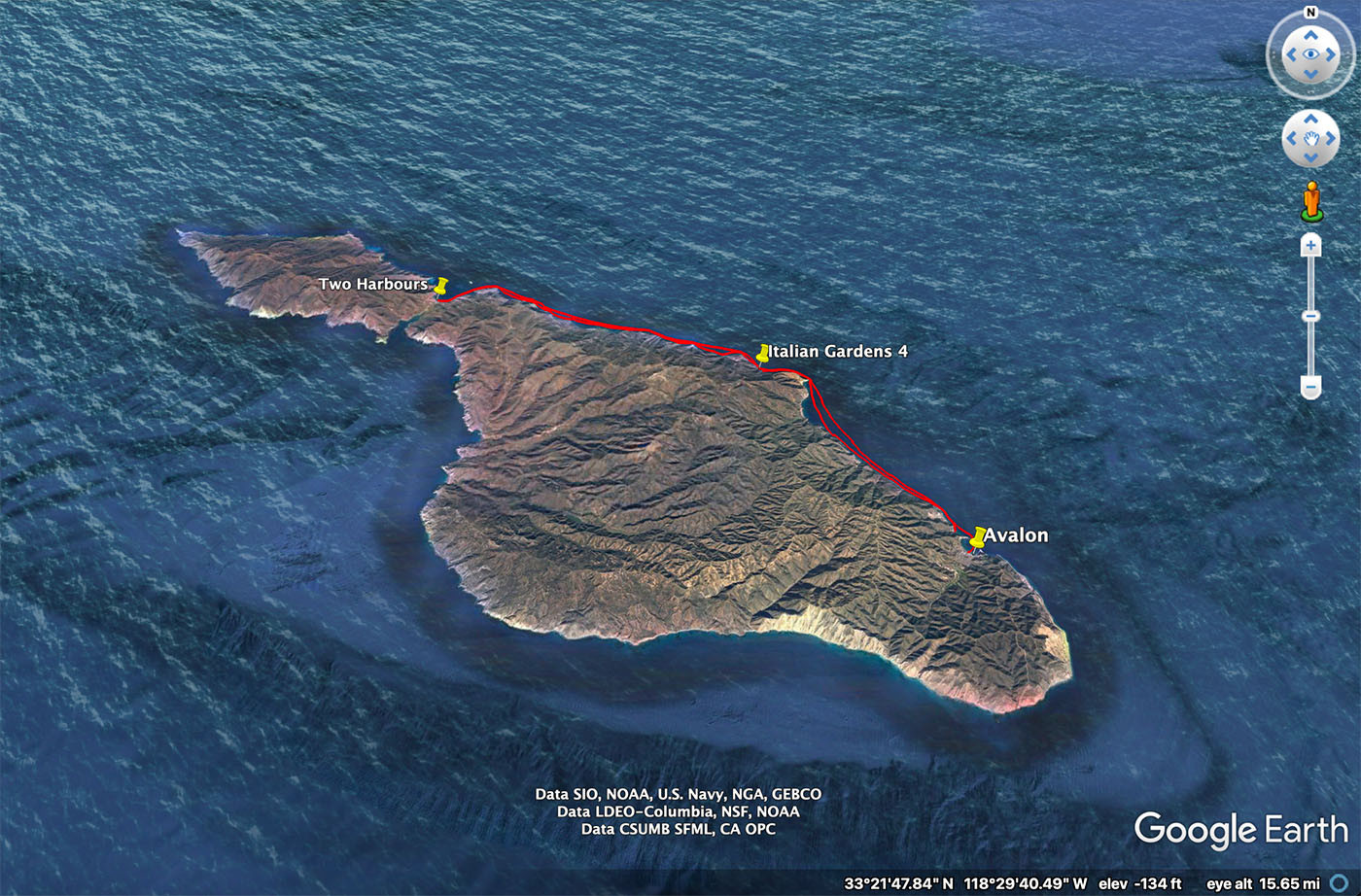 Map of the Catalina Island kayak route from Avalon through Italian Gardens to Two Harbors
