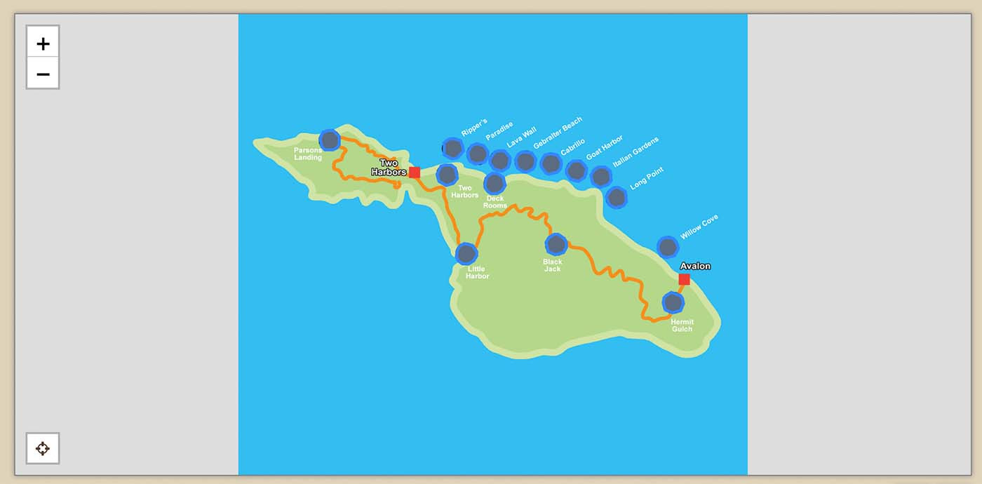 Reservation map marking Catalina Island boat-in campsites along the north coast