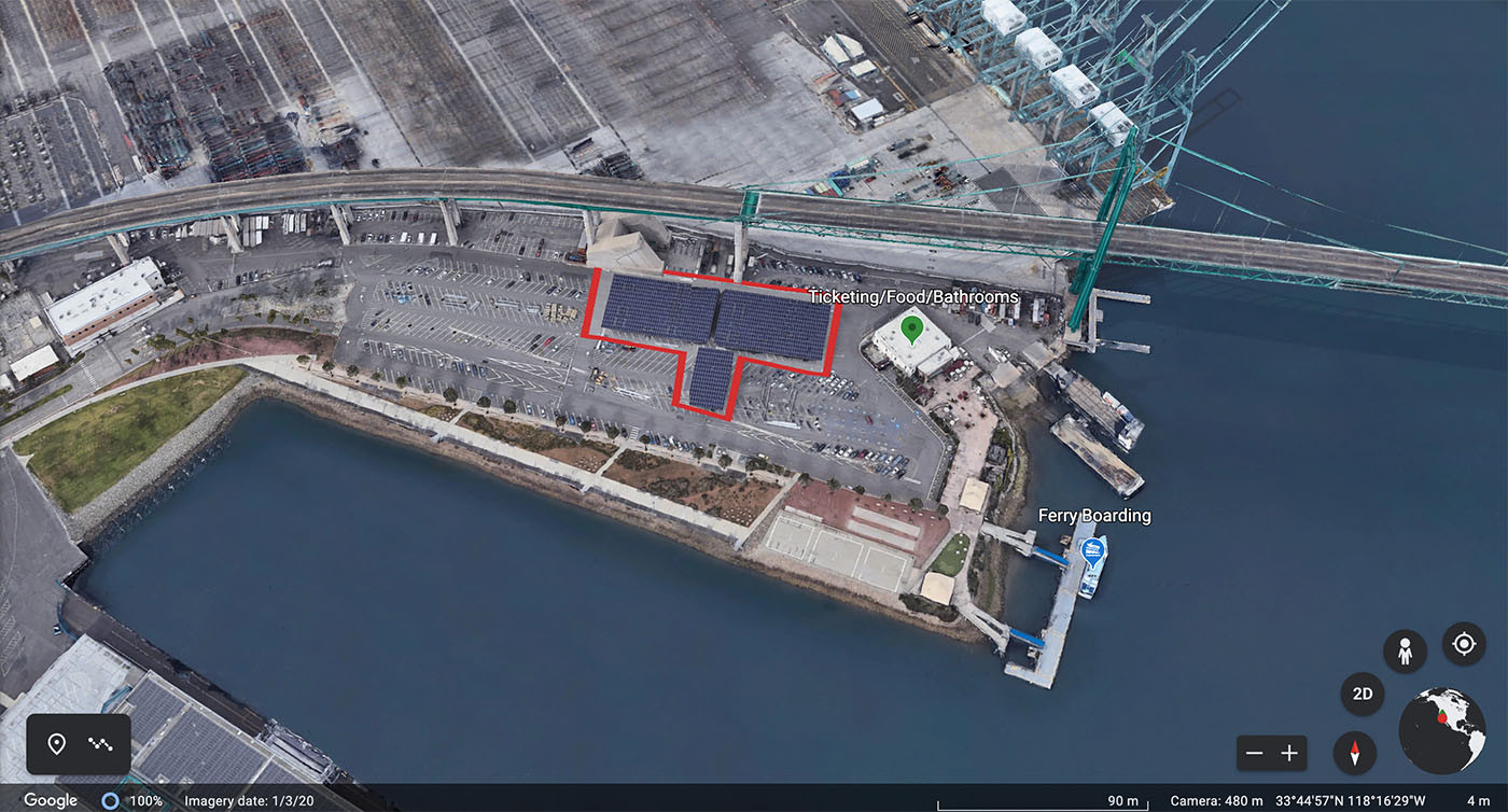 Aerial map of the San Pedro ferry terminal showing ticketing and boarding areas