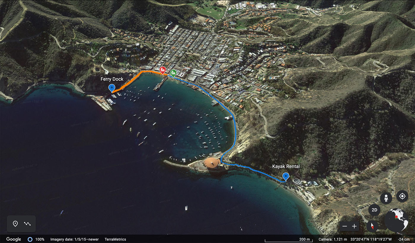 Aerial route from the Avalon ferry dock to the Descanso Beach kayak rental